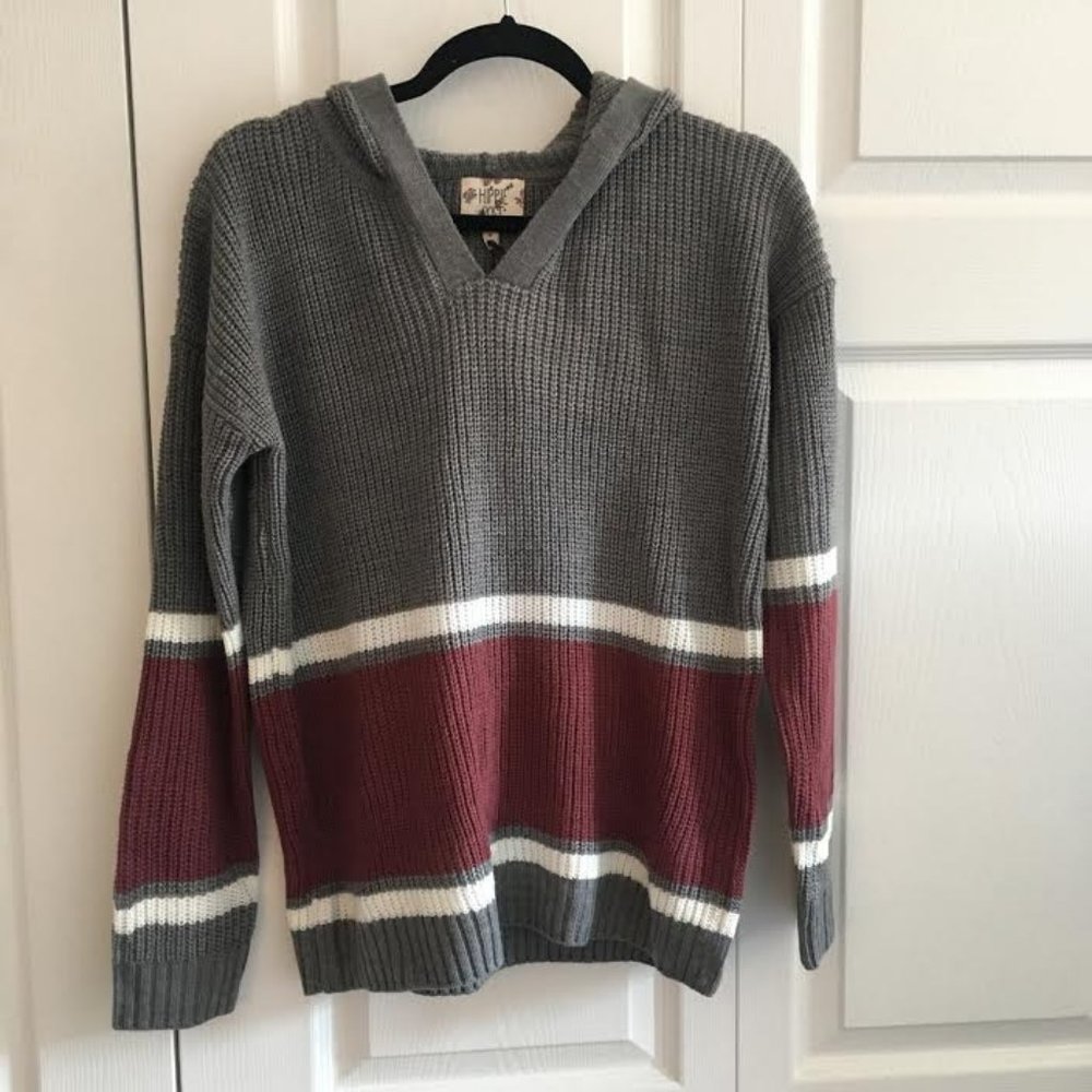 Hippie Rose Grey Sweater w/ Burgundy Stripe